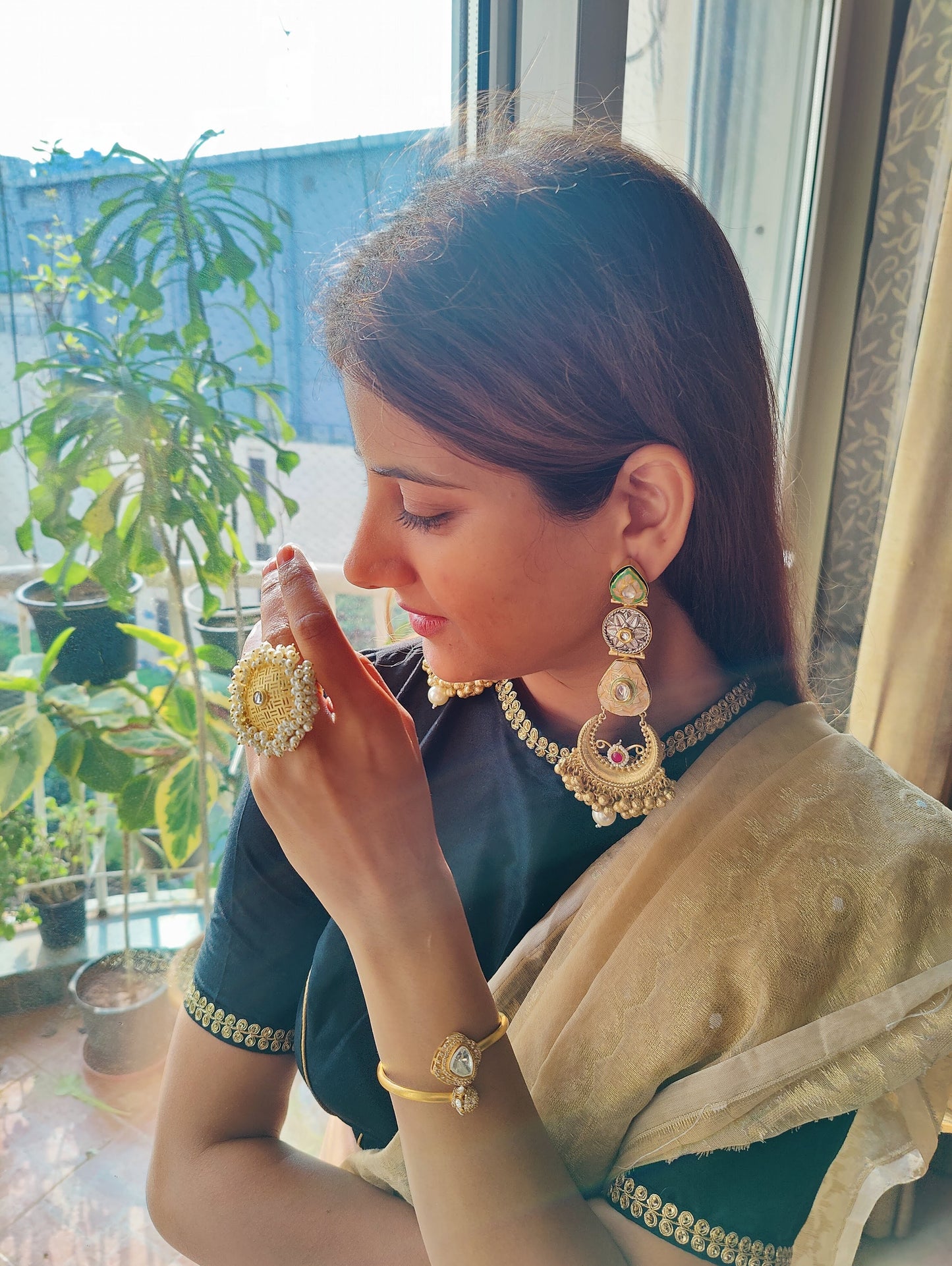 Nutan shoulder duster earrings with meenakari and kundan