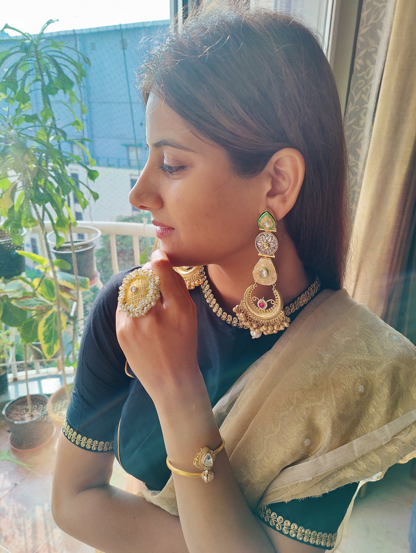 Nutan shoulder duster earrings with meenakari and kundan