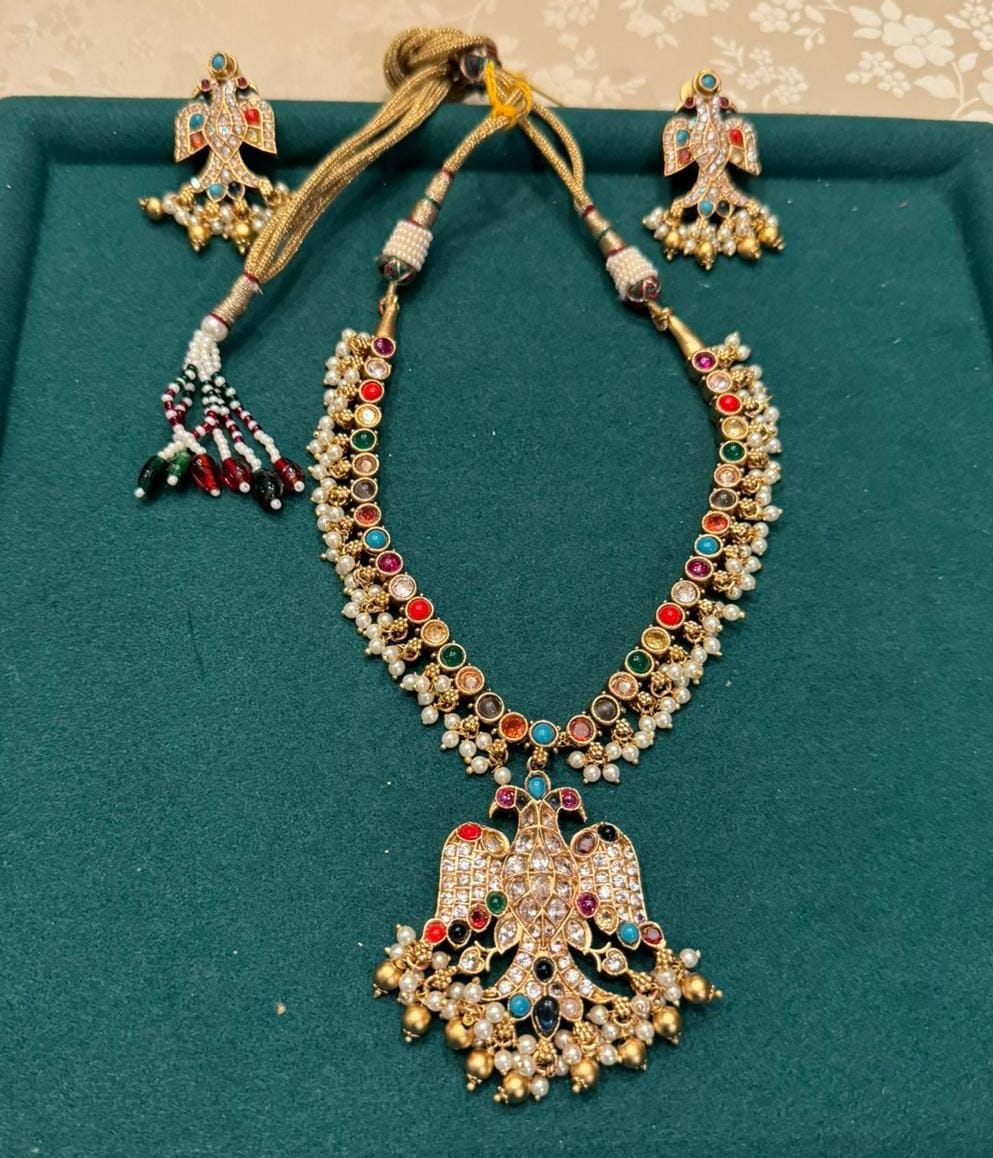 Paachi kundan peacock design red-navratan kemp stones reversible set