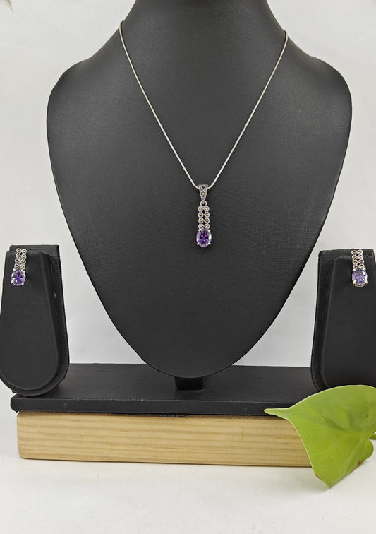 Silver pendant & earrings set marcasite and amethyst stone