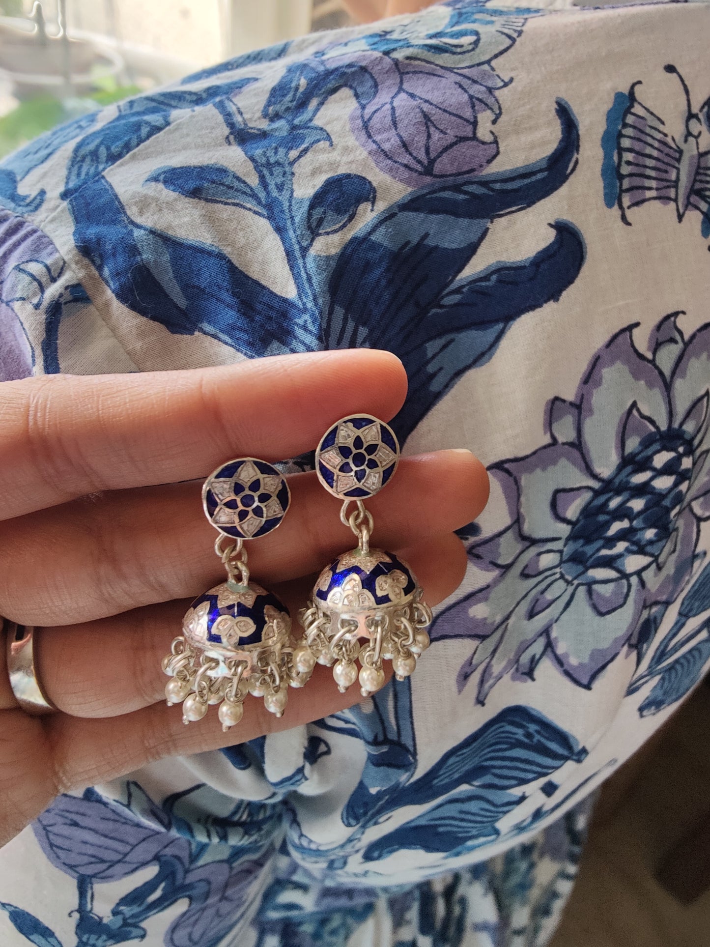 Silver dark blue meenakari jhumkis