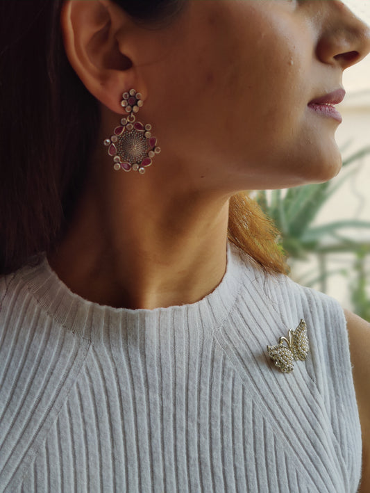 Gullabo silver flower earrings with pink and transparent stone