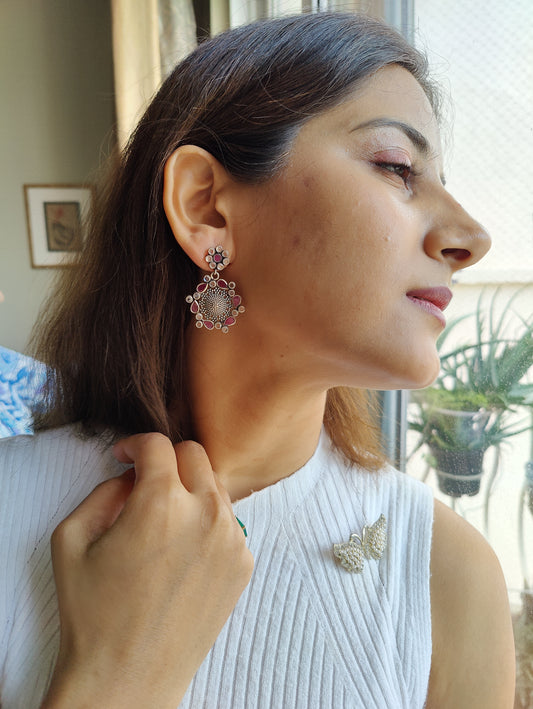 Aboil silver flower earrings with pink and transparent stone