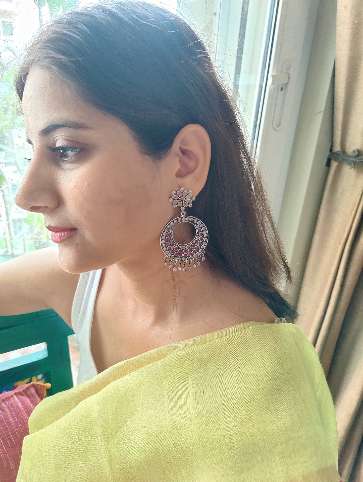 Devya silver Chand bali's(earrings) in ruby pink stone