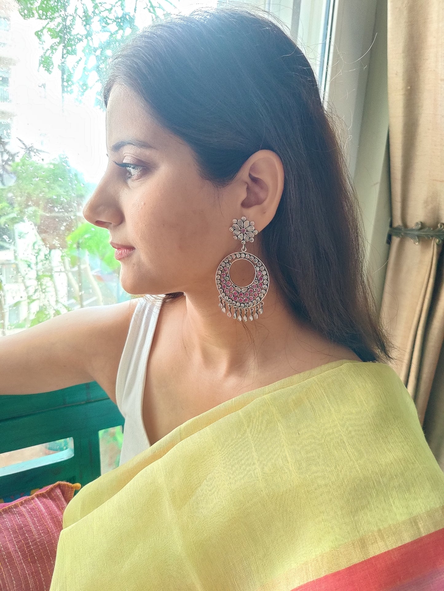 Devya silver Chand bali's(earrings) in ruby pink stone