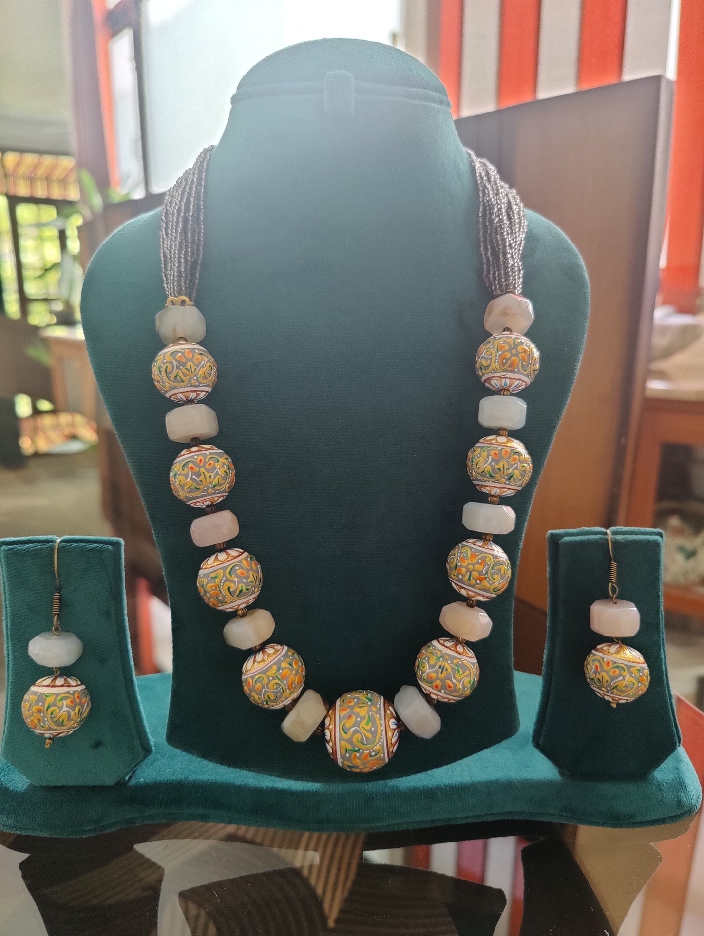 Asgari grey painted bead set  with onyx