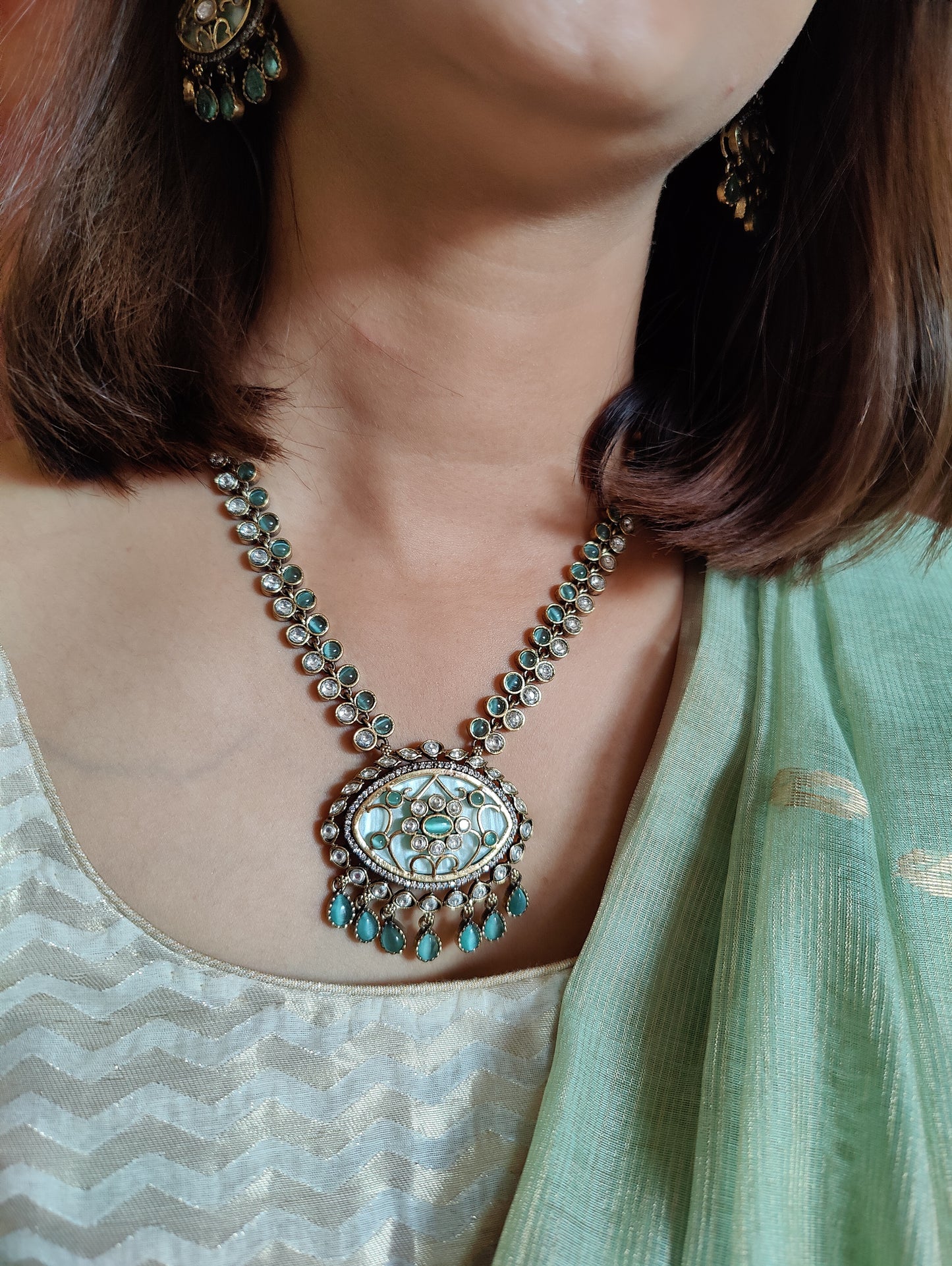 Chaitaly set with blue sapphire/mint green stones and kundan