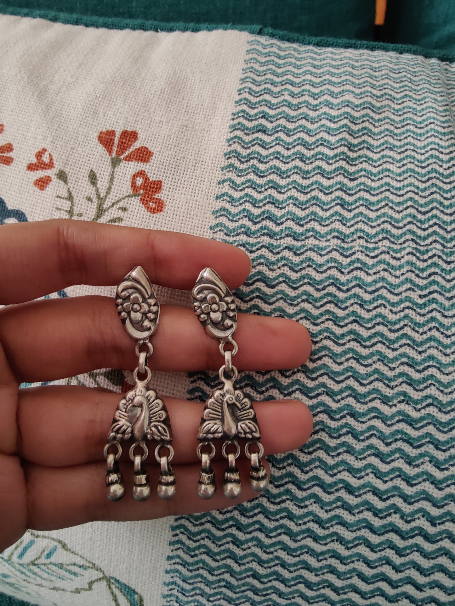 Asita hanging peacock silver earrings with beads