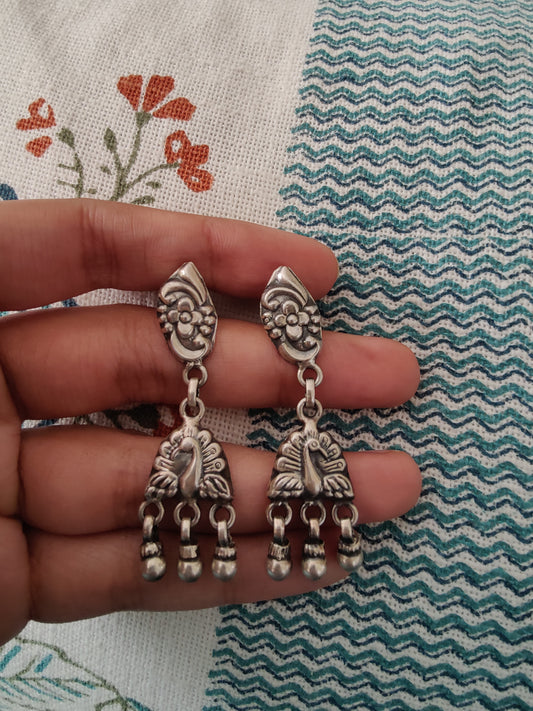 Asita hanging peacock silver earrings with beads