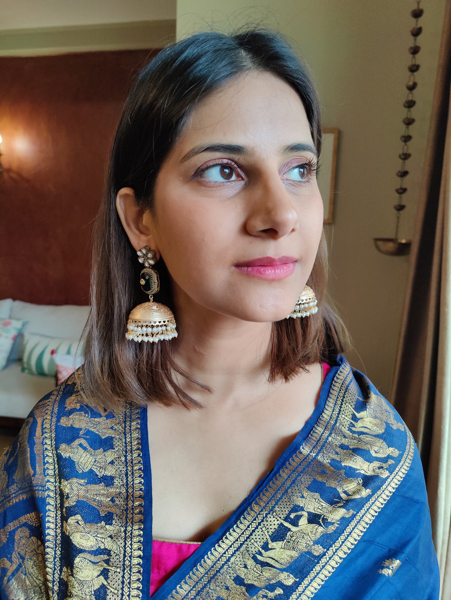 Kurangi kundan and stone jhumkas