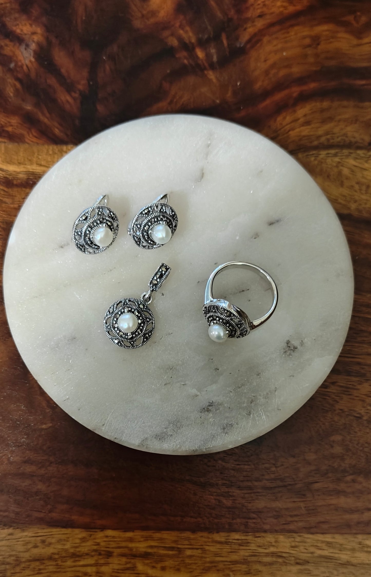 Chayana pearly silver marcasite and pearl dot set with ring