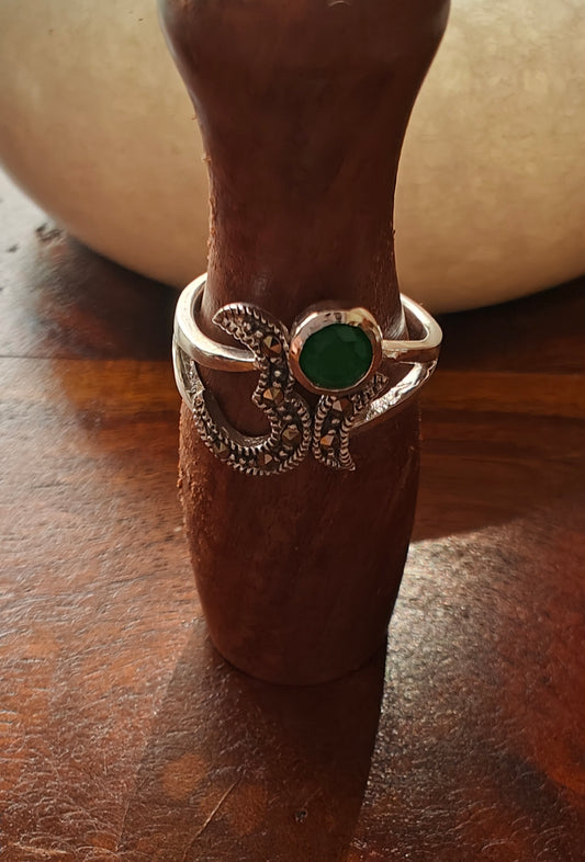 Silver Om ring with green dot