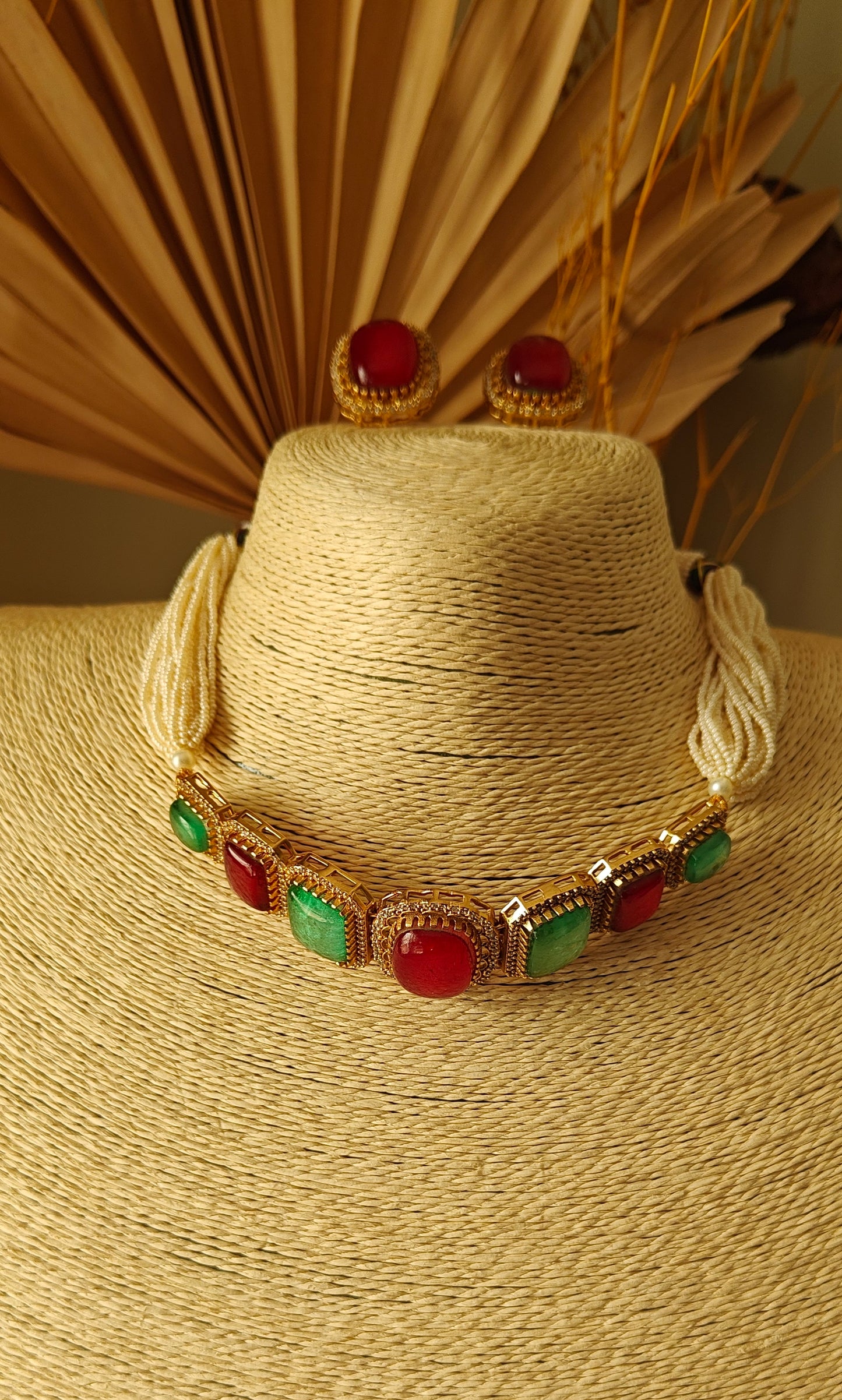 Namya choker with coloured stones on poth pearl strings