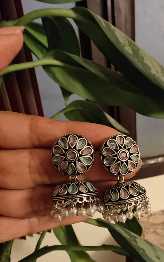 Earrings with stones on round stud and jhumkis