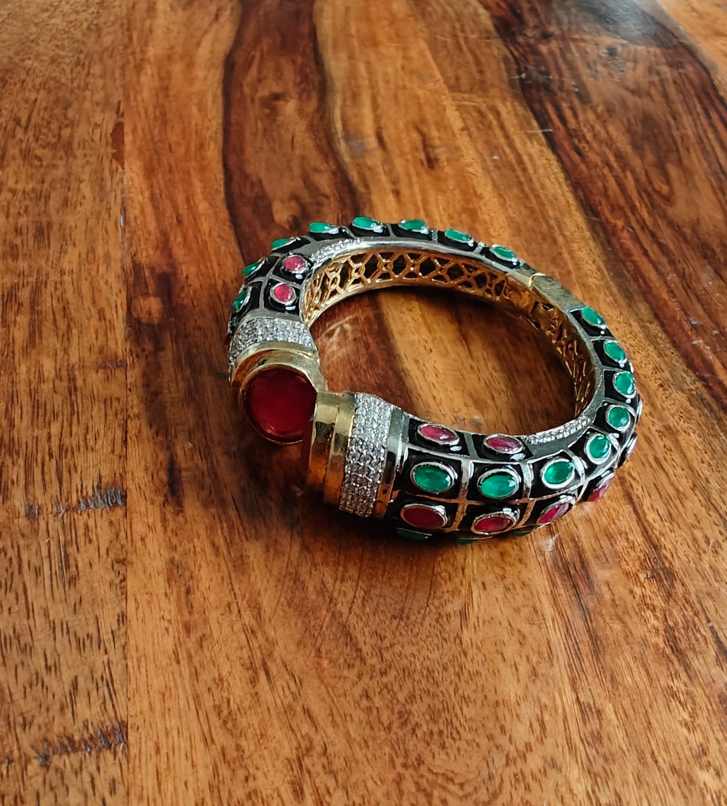 Antique dual tone bangle(kara)with with red/blue/mint green stones (1 pc) openable