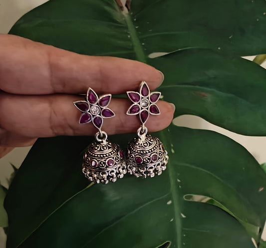 Sterling silver jhumkis on red flower stud