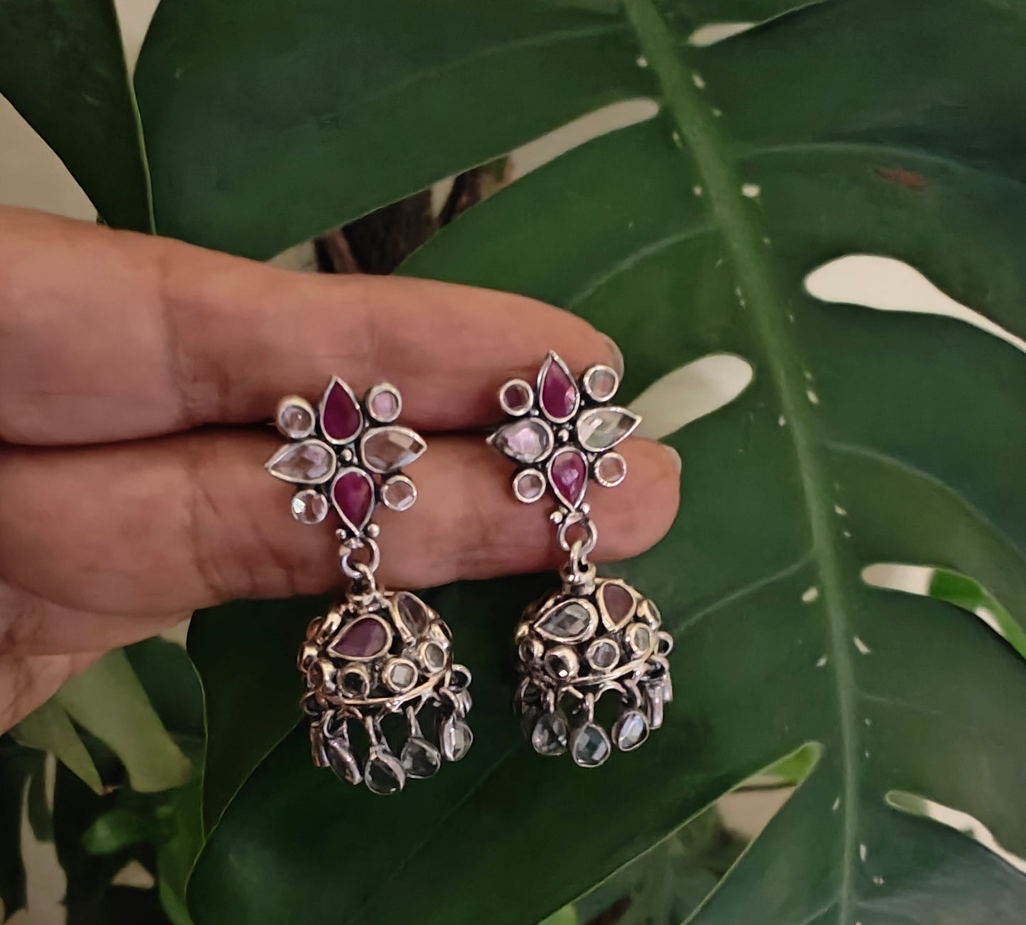 Silver earrings with stones and jhumkis