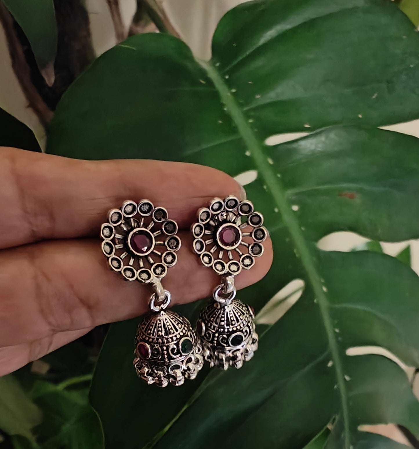 Sterling silver jhumkis with stone and jali flower