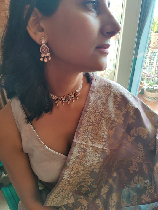 Jaiman choker set with pink stones and moissanite on poth pearl strings
