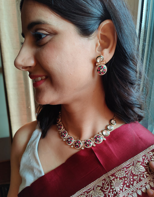 Kalindi set with kundan,red stone rounds