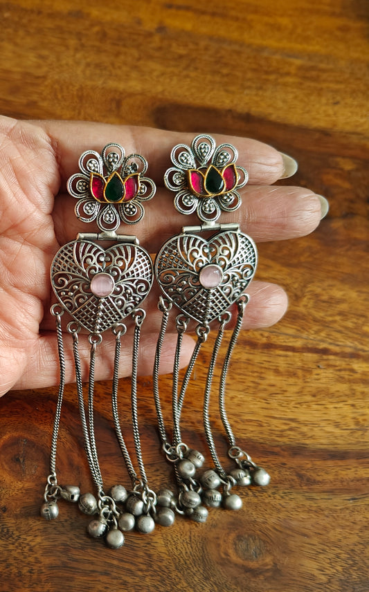 Dual tone earrings with lotus and hangings