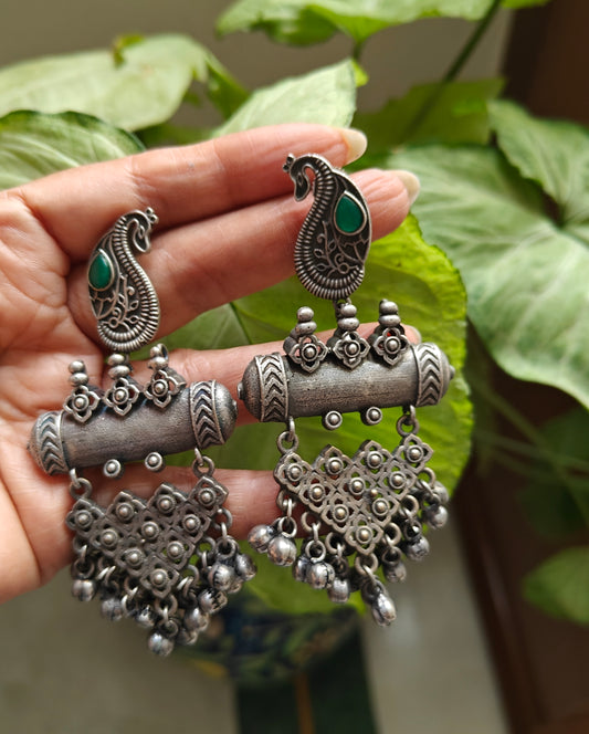 Earrings with peacock stud and chattai design piece hanging below