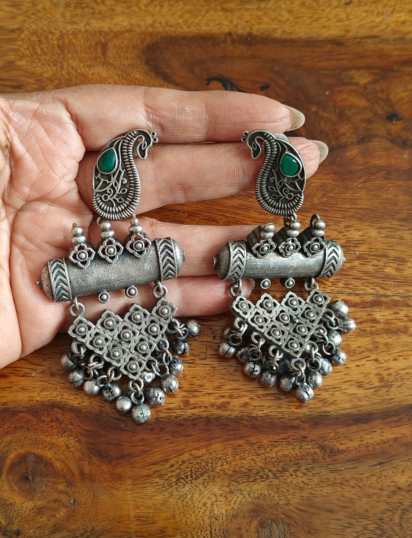 Earrings with peacock stud and chattai design piece hanging below