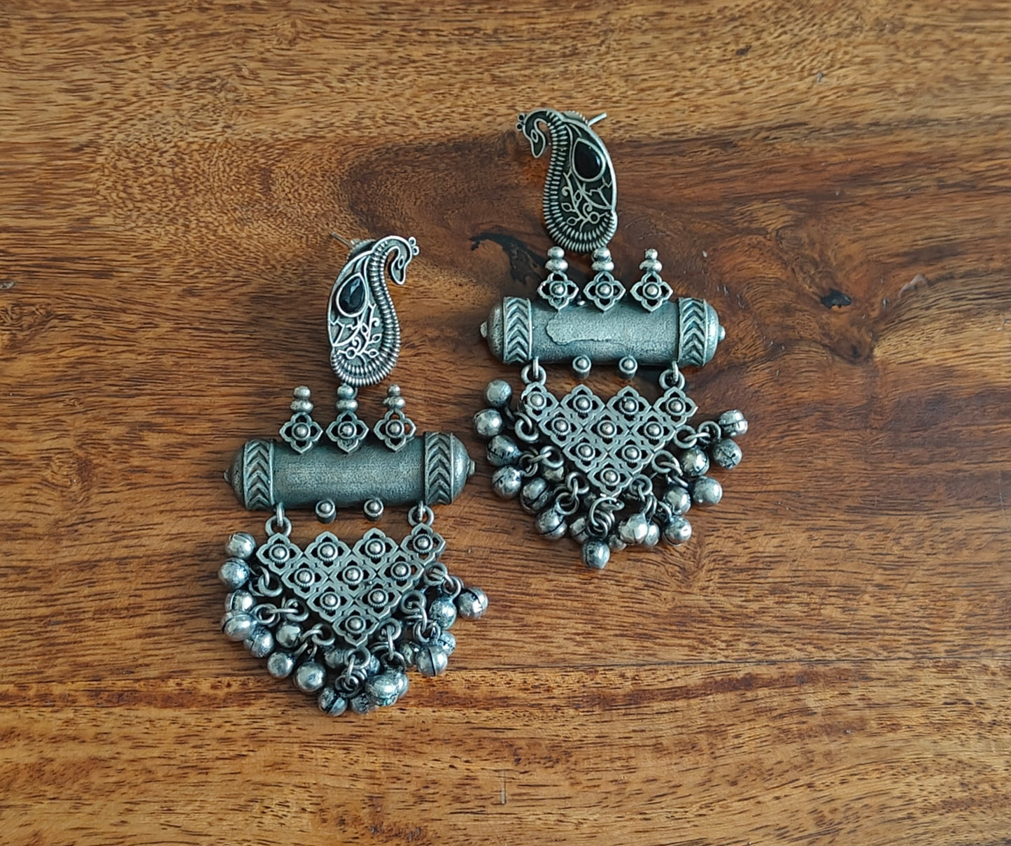 Earrings with peacock stud and chattai design piece hanging below