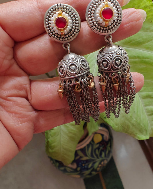 Dual tone jhumkis(earrings)with stone,pearls and chains
