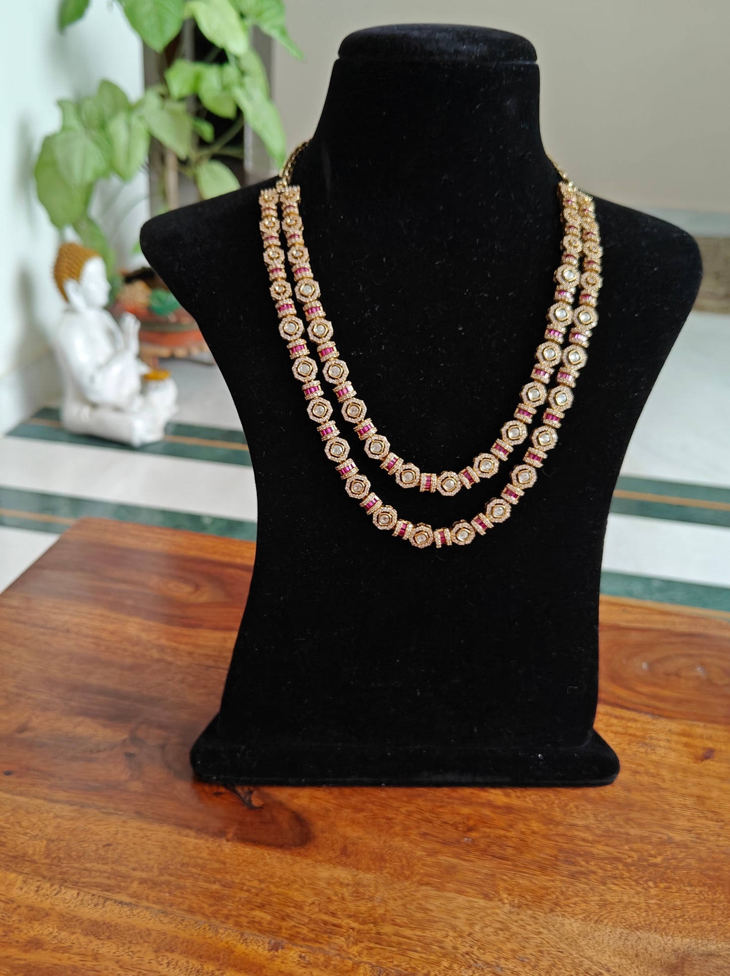 Ujjwala double layered set with red ruby stones and moissanite