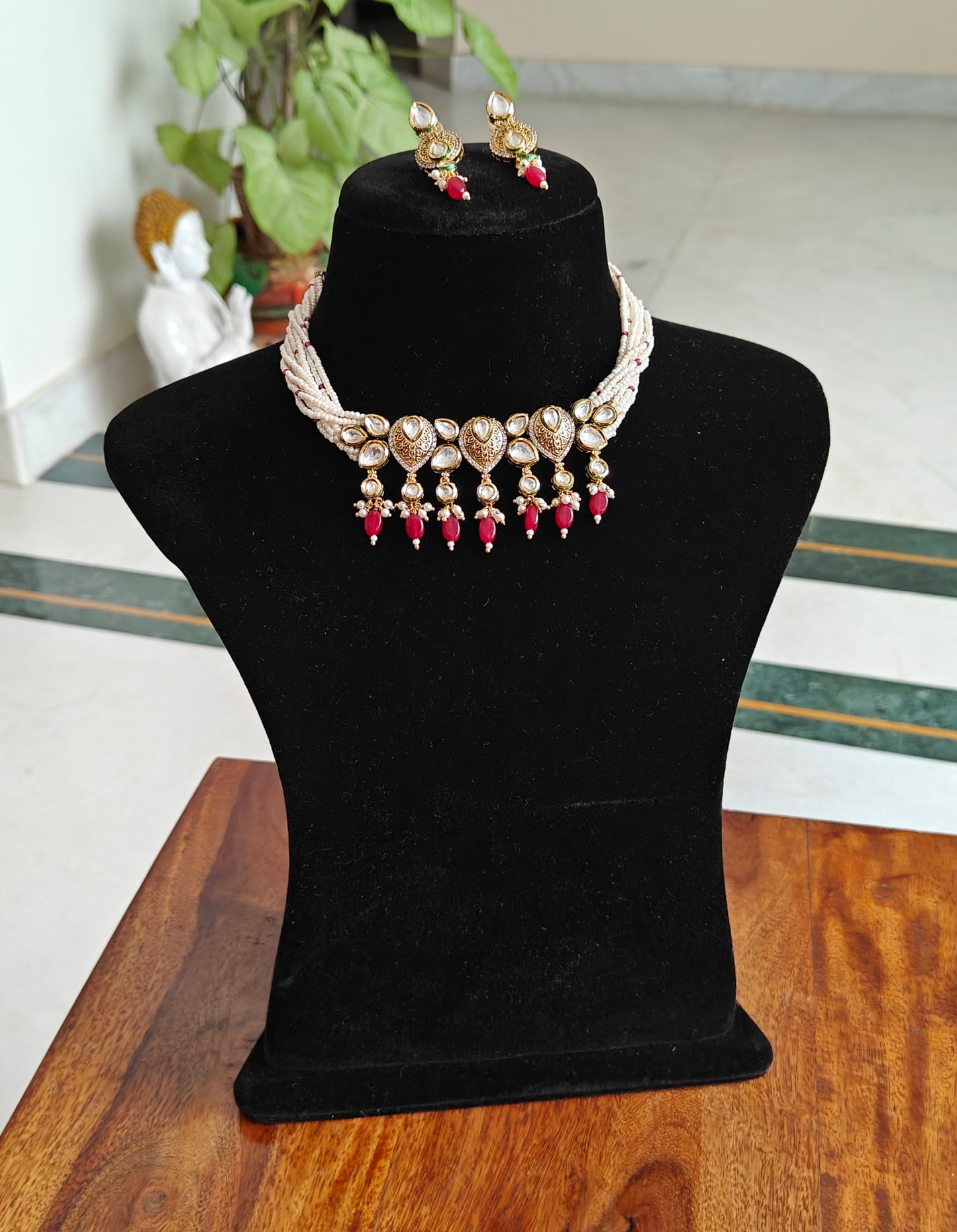 Swati choker set with moissanite and gold engraving on poth pearl string