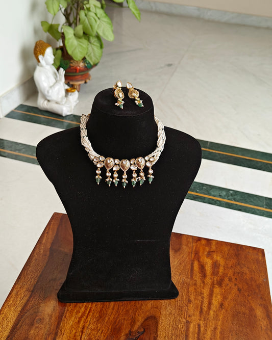 Swati choker set with moissanite and gold engraving on poth pearl string