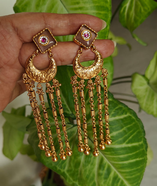 Earrings long with stone square stud and gold hangings