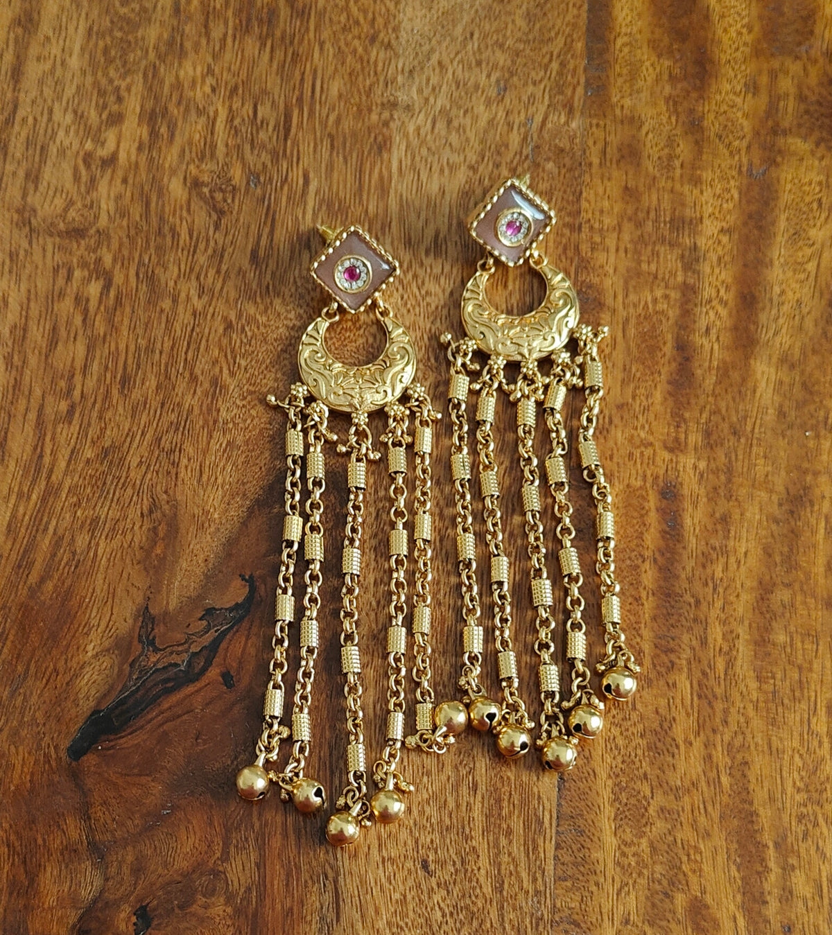 Earrings long with stone square stud and gold hangings