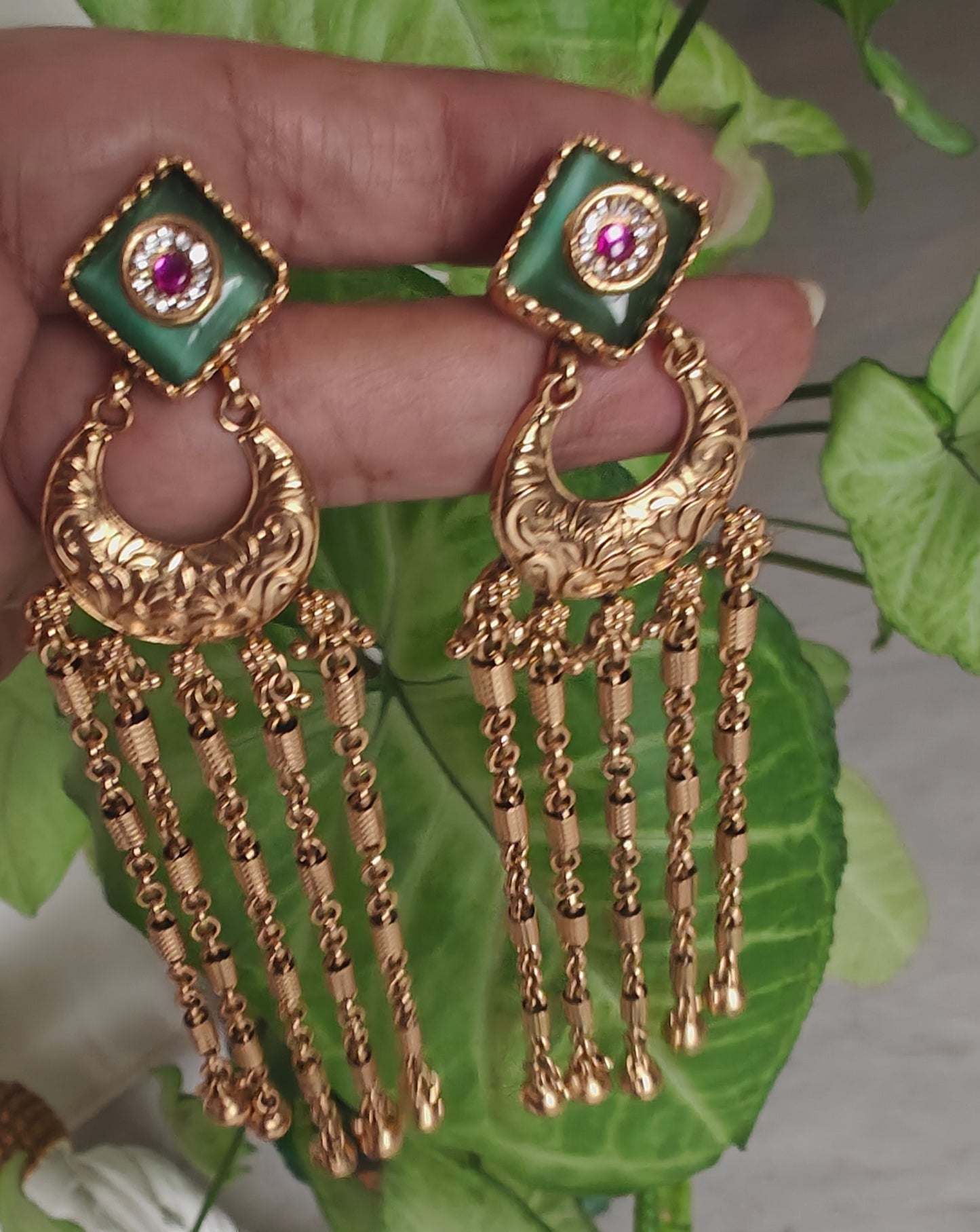 Earrings long with stone square stud and gold hangings