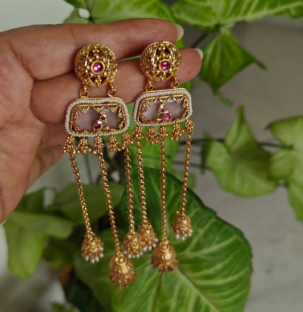 Earrings with stone piece with work and jhumkis below