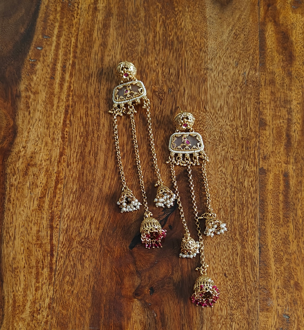 Earrings with stone piece with work and jhumkis below