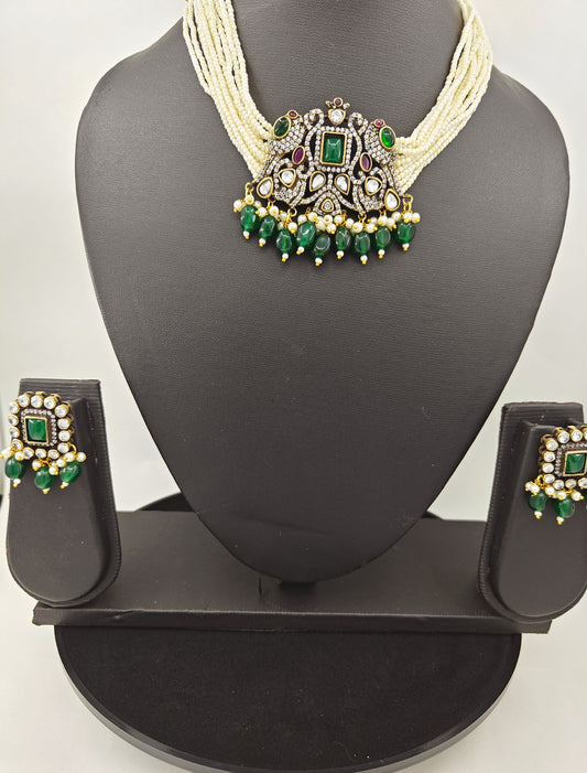 Antique choker set with kundan,CZ stone and green/mint green/ blue stone,set on poth pearls