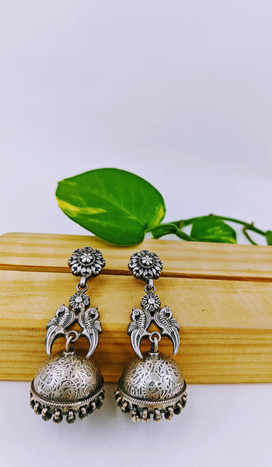 Silver jhumkas earrings with parrot design