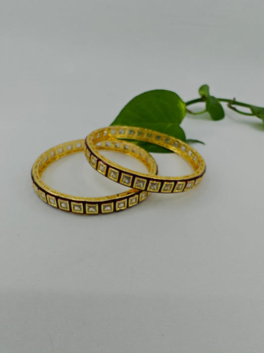 Square kundan bangles with with meenakari in red/green(2pcs)