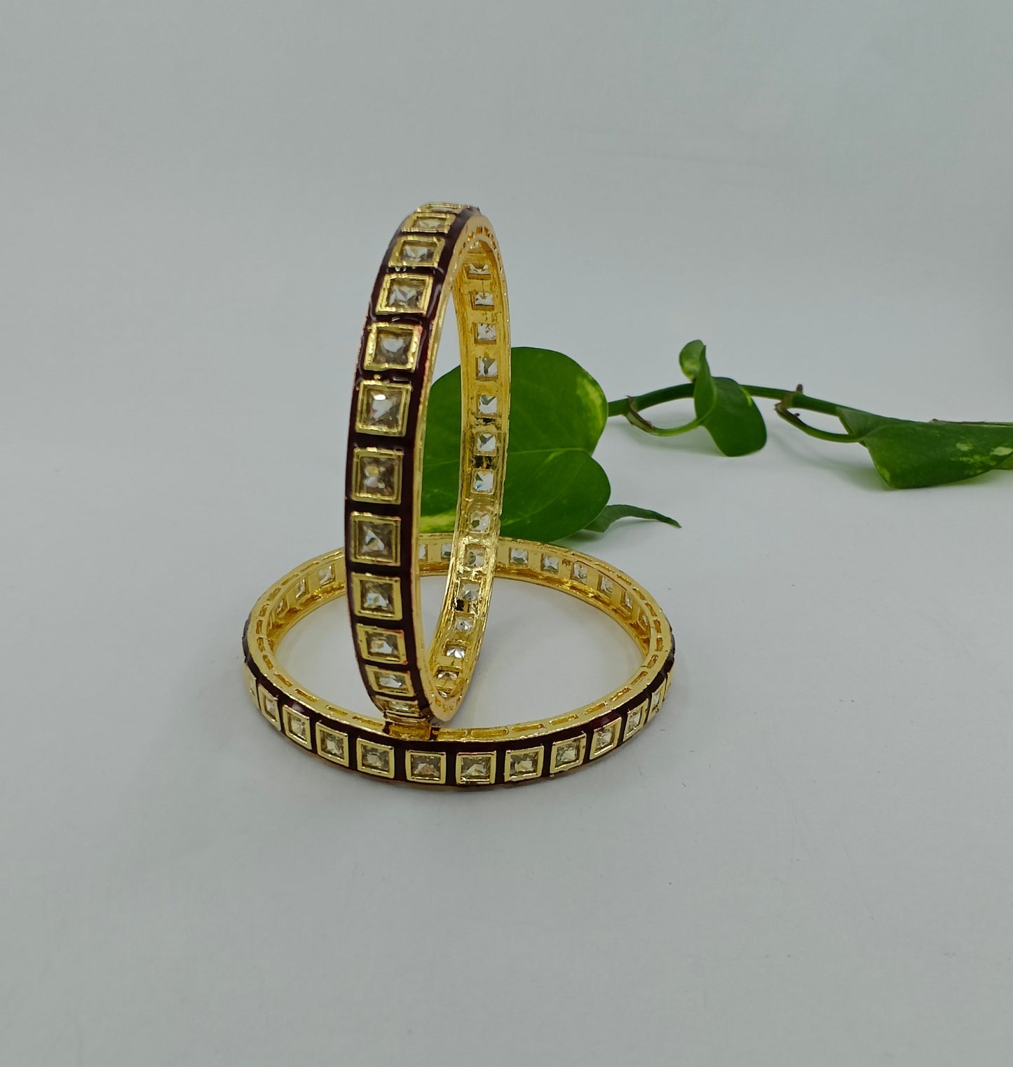 Square kundan bangles with with meenakari in red/green(2pcs)