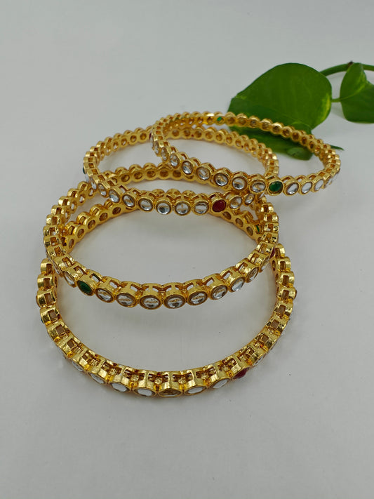 Gold finish bangles (4pcs) with red white and green kundan