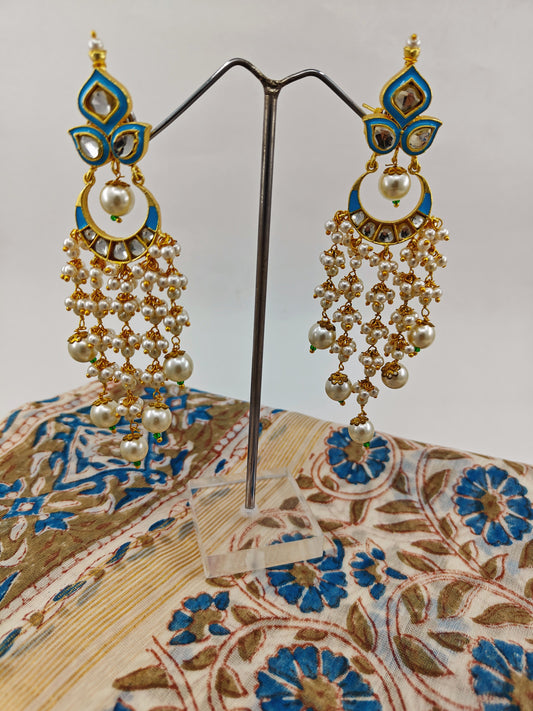 Gold finish kundan earrings with blue/teal green meenakari with pearl haangings