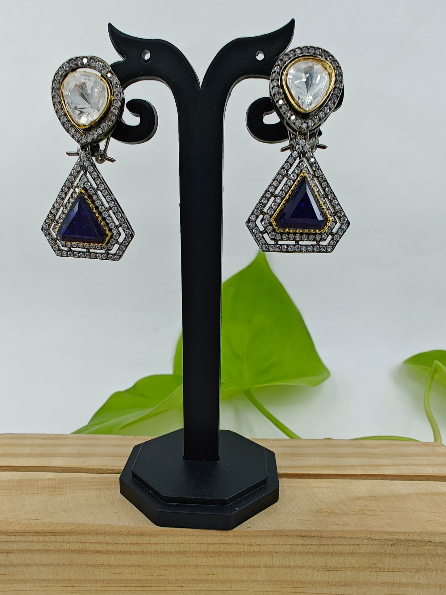 Earrings in Kundan and Topaz/Sapphire stone and CZ detailing