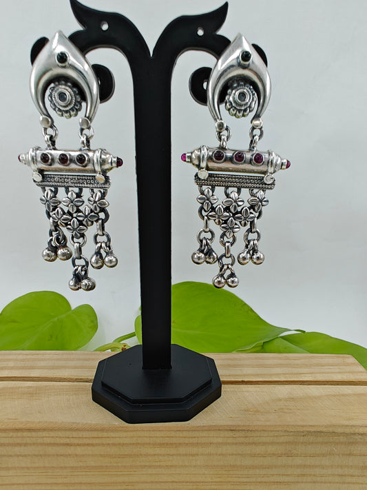 Silver earrings with a chattai and ghungroo hangings