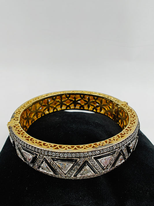 Kara( bangle) with triangular kundan and CZ on black meenakari