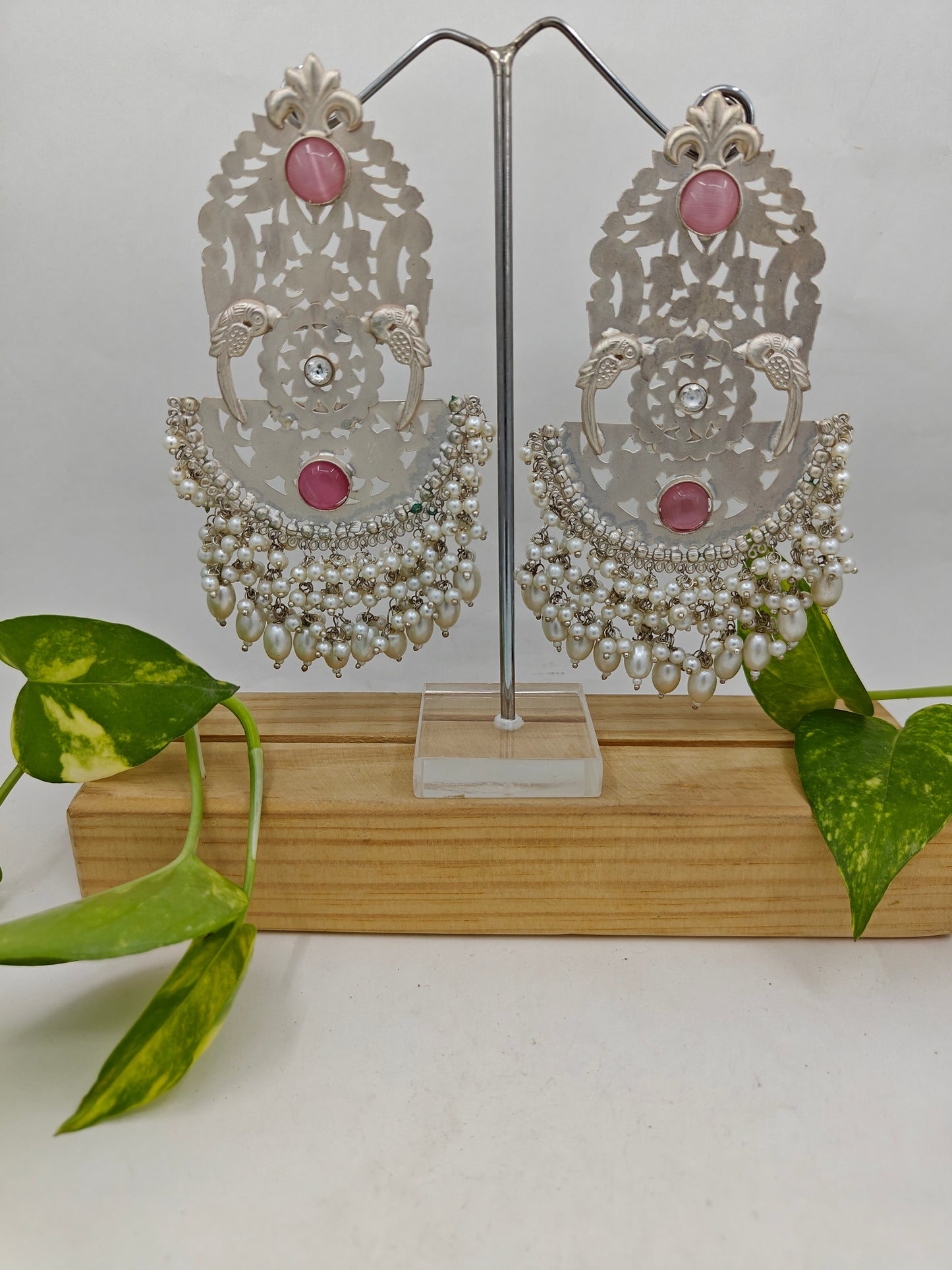 Laila earrings in silver finish with pink stones