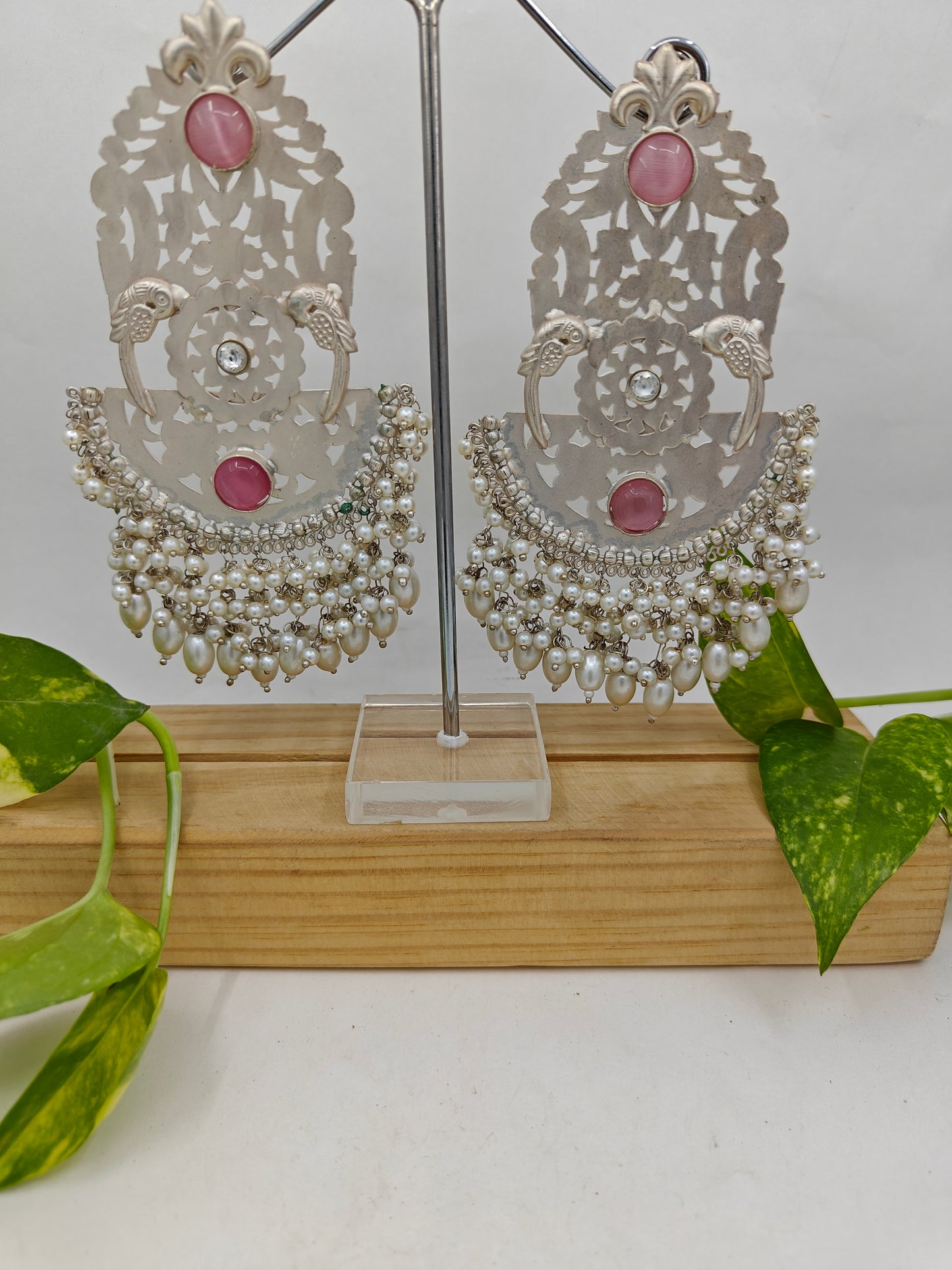 Laila earrings in silver finish with pink stones