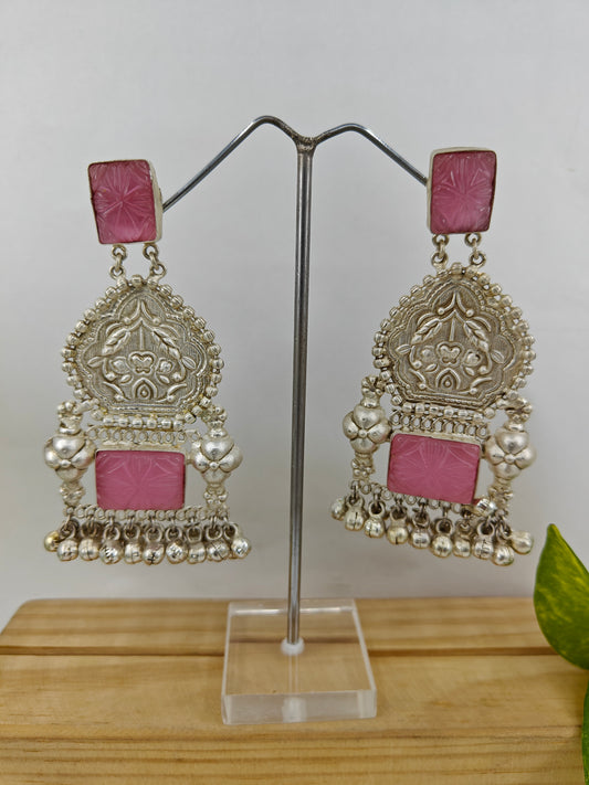 Big earrings with carvings,pink stone and ghungroos