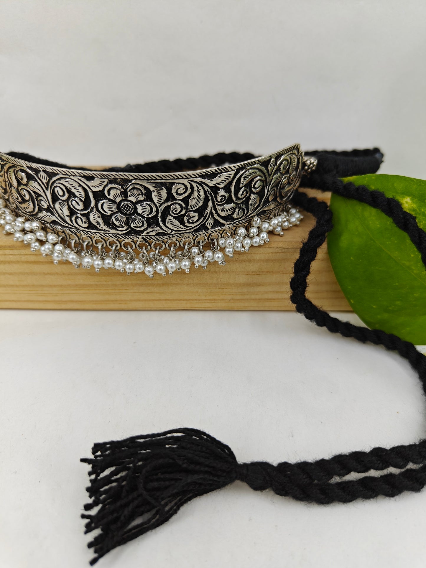 Silver floral chatai work choker necklace with pearl drops